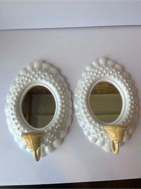 Vintage Burwood White Oval Hobnail  Sconces Wall Mirrors